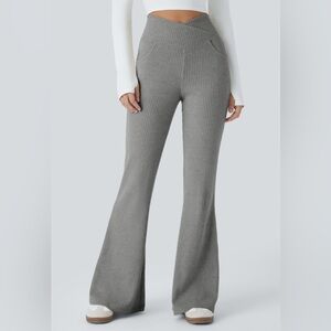 HALARA Ribbed Knit Crossover High Waisted Pockets Casual Flare Pants